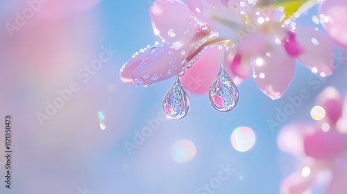 Dewdrops clinging to delicate pink flower petals, bokeh background.