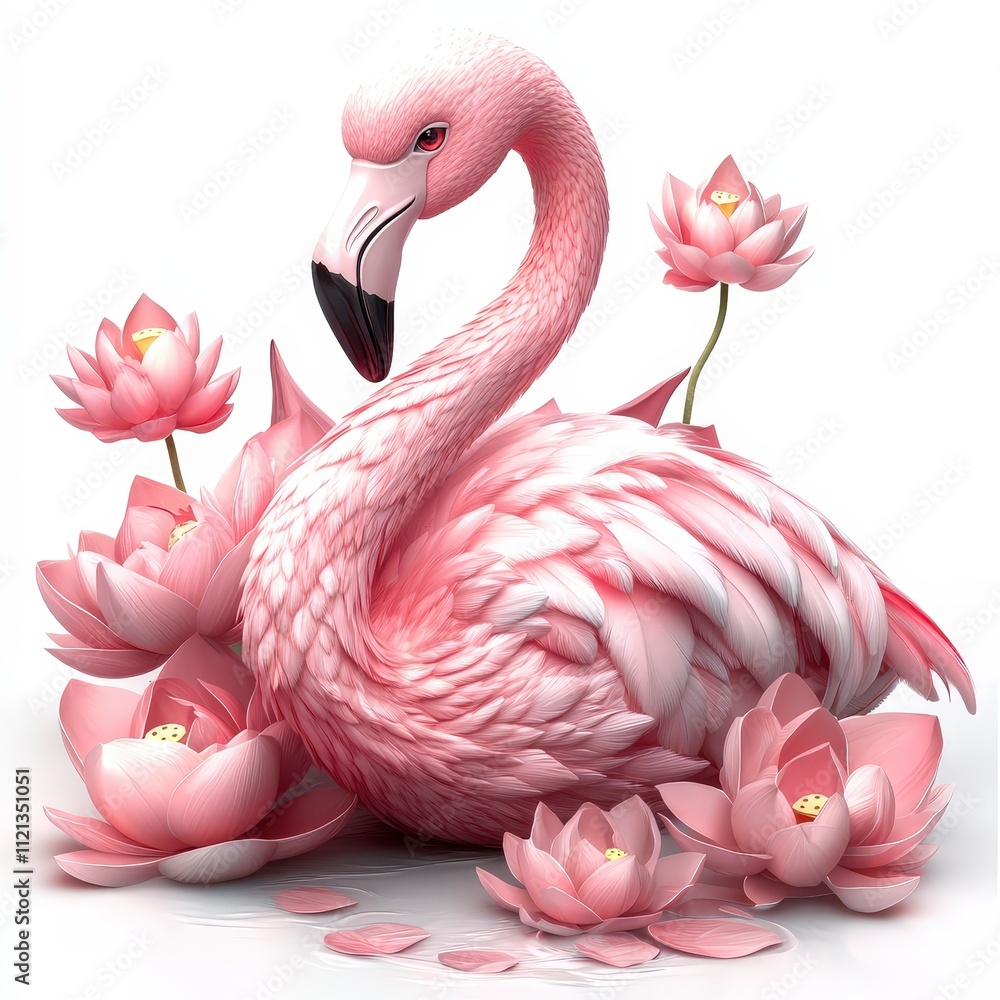 Naklejka premium Elegant pink flamingo among lotus flowers in a serene nature setting high-quality digital art