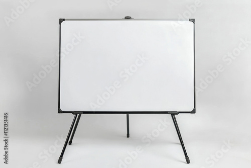 A blank whiteboard on a sturdy tripod stand, set against a neutral background, ready for presentations or creative brainstorming sessions.