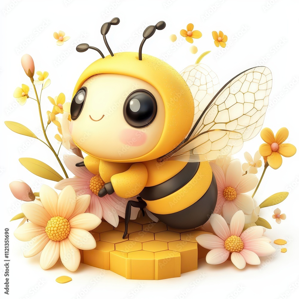 Naklejka premium Energetic cartoon bee gathering pollen colorful floral garden digital illustration whimsical style