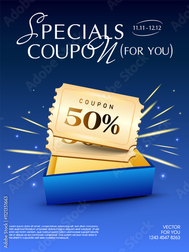 Couple of 3d golden coupons inside a premium opened gift box, isolated on deep blue background with firework effect. Luxurious gift voucher banner template in 3d vector. Vector illustration