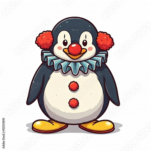 A chibi penguin dressed as a circus clown, with funny shoes and a big red nose, thick lines, white background.

