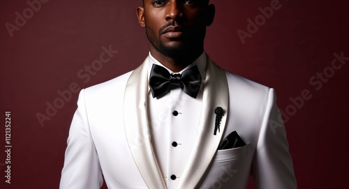 Mens white tuxedo sleek with satin shawl collar and black silk bow tie burgundy background  photo