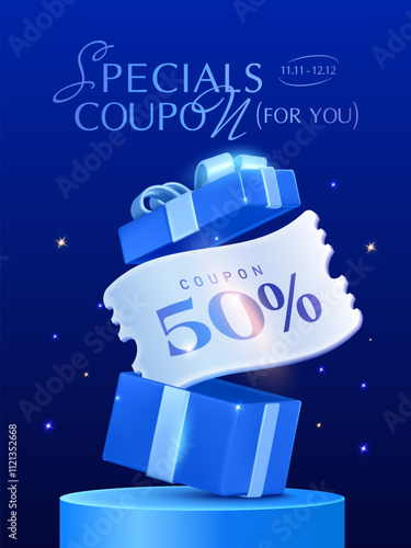 3d premium platinum coupon with coupon code, percent price off inside an opened gift box, on a stage, isolated on dark background with star effect. Gift voucher banner in 3d vector. Vector