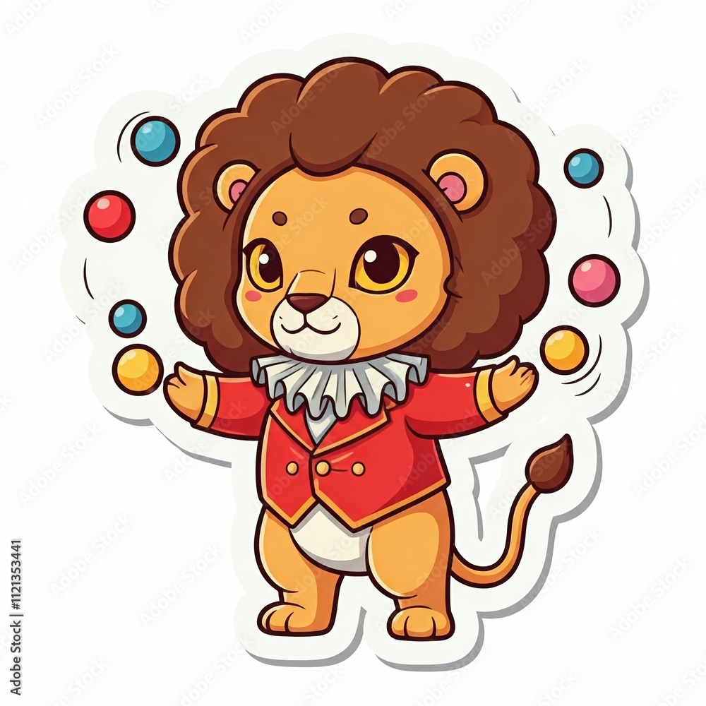 A chibi lion dressed as a circus performer, wearing a red outfit and juggling balls, with bold lines and a white background, sticker style.
A chibi lion dressed as a circus performer, wearing a red outfit and juggling balls, with bold lines and a white background, sticker style.