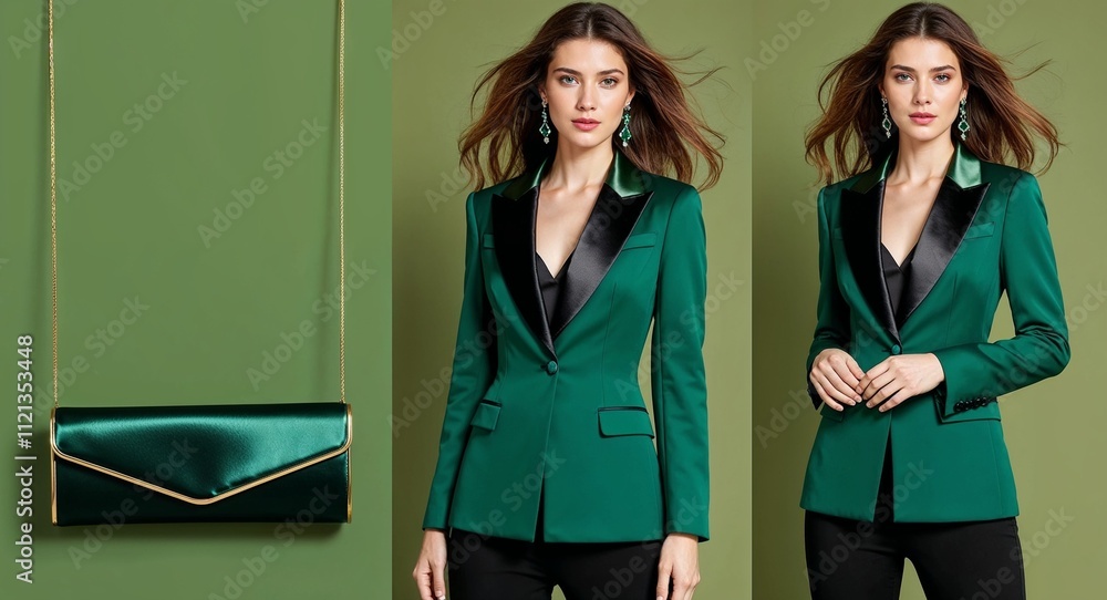 Womens green tuxedo fitted with satin lapels and black pants elegant clutch dark green background Womens green tuxedo fitted with satin lapels and black pants elegant clutch dark green background