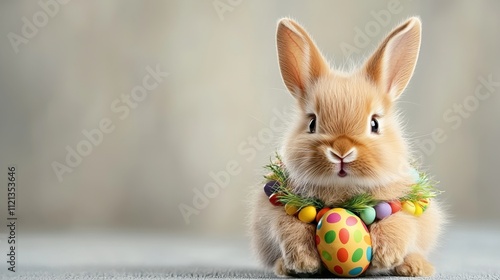 Wallpaper Mural A cute fluffy baby rabbit dressed in colorful Easter egg decorations, with a mischievous expression on its face as it hops around an isolated background. Torontodigital.ca