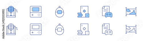 Gaming icon set in two styles, Duotone and Thin Line style. Editable stroke. bingo, gambling, game console, gaming guide, map, tamagotchi