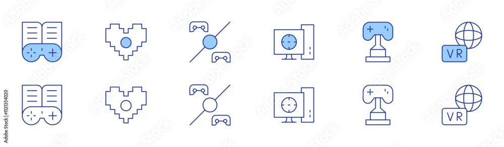 Gaming icon set in two styles, Duotone and Thin Line style. Editable stroke. computer, gamepad, heart, round one, trophy, virtual Gaming icon set in two styles, Duotone and Thin Line style. Editable stroke. computer, gamepad, heart, round one, trophy, virtual