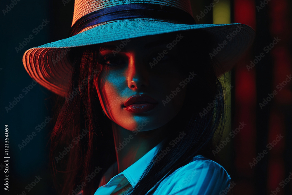 Elegant woman in stylish hat poses in vibrant lighting backdrop Elegant woman in stylish hat poses in vibrant lighting backdrop