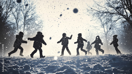 Silhouetted children running and playing in the snow on a bright winter day