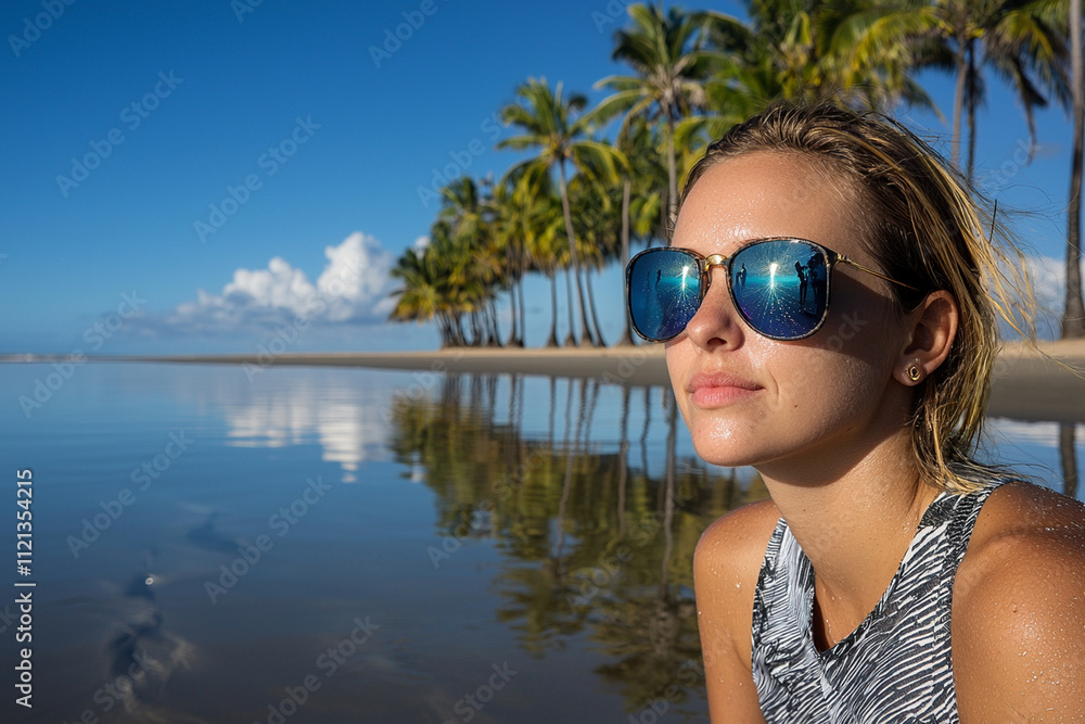 Woman with sunglasses relaxes by the calm beach at sunrise Woman with sunglasses relaxes by the calm beach at sunrise