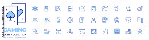 Gaming icons collection. Line Duotone style, editable stroke. degrees, arcade, block, cards, coin, console, darts, game boy, game console, game map, gun, online game, poker chip, stadium