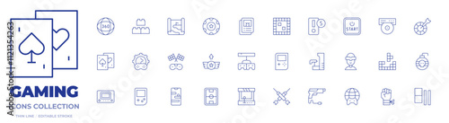 Gaming icons collection. Thin Line icons, editable stroke. arcade, card game, console, custom, darts, game console, gun, level up, online game, racing, stadium, game boy