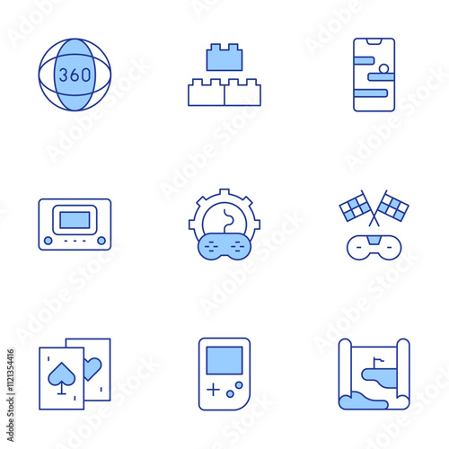 Gaming icons set. Line Duotone style, editable stroke. degrees, block, card game, console, custom, game boy, game map, online game, racing