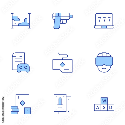 Gaming icons set. Line Duotone style, editable stroke. gambling, gaming guide, keyboard, map, playing cards, shooting, vr glasses, wasd, win