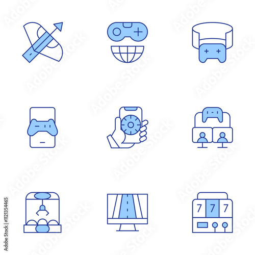 Gaming icons set. Line Duotone style, editable stroke. claw machine, crossbow, game, game controller, gaming, online gambling, racing game, slot machine