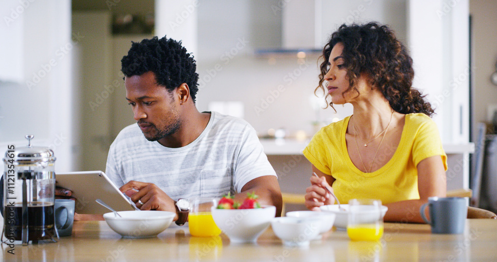 Couple, tablet and breakfast in kitchen for social media, internet banking and online shopping in morning. People, tech and browsing in home for ecommerce app, nutrition guide and streaming service Couple, tablet and breakfast in kitchen for social media, internet banking and online shopping in morning. People, tech and browsing in home for ecommerce app, nutrition guide and streaming service