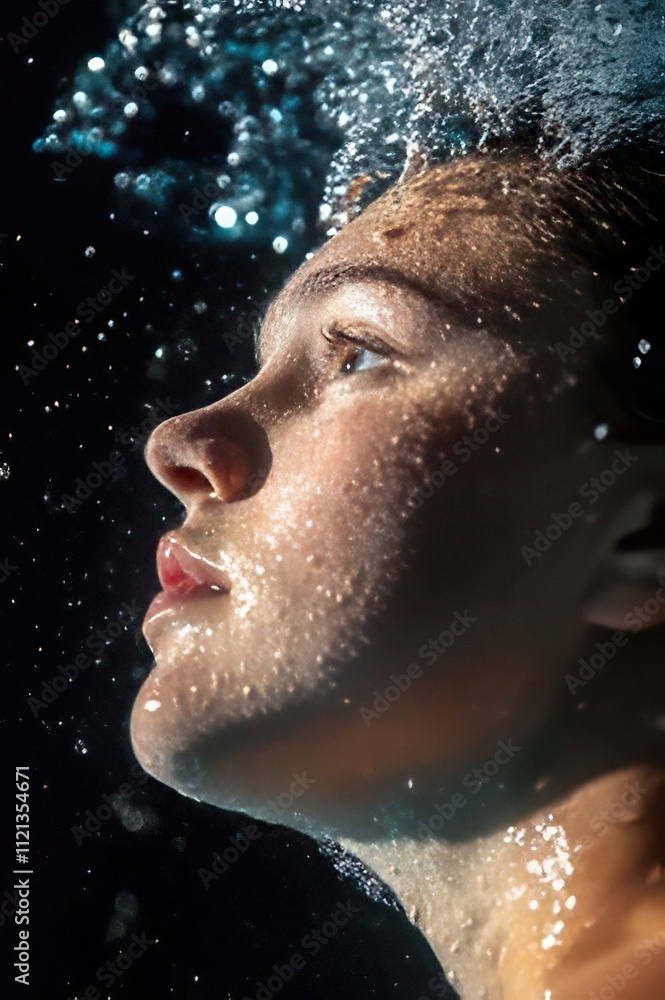Underwater portrait of a young person's face, water droplets on skin. Underwater portrait of a young person's face, water droplets on skin.