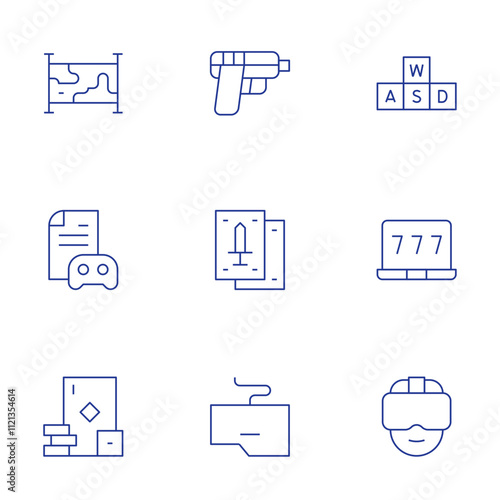Gaming icons set. Thin Line style, editable stroke. gambling, gaming guide, keyboard, map, playing cards, shooting, vr glasses, wasd, win