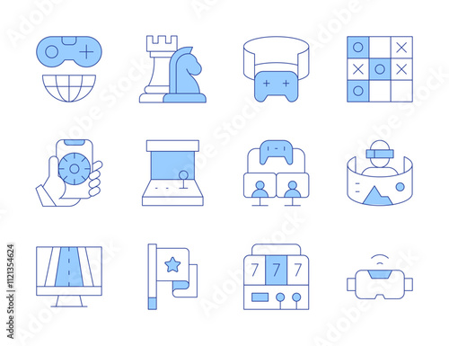 Gaming icons. Line Duotone style, editable stroke. arcade machine, chess, flag, game controller, gaming, online gambling, racing game, slot machine, tic tac toe, virtual reality, vr glasses
