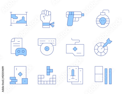Gaming icons. Line Duotone style, editable stroke. bomb, construction, darts, domino, fighting game, gambling, gaming, gaming guide, keyboard, map, playing cards, shooting