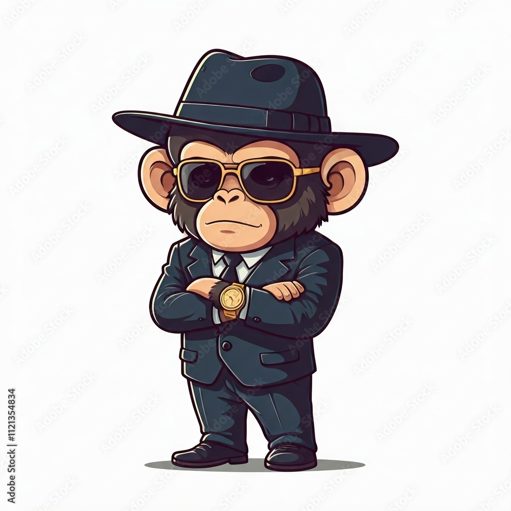 Chibi monkey in a luxurious mafia outfit, standing with arms crossed, bold outlines, white background. Chibi monkey in a luxurious mafia outfit, standing with arms crossed, bold outlines, white background.