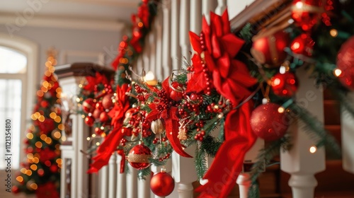 Christmas garlands with red ribbons and ornaments, draped across a staircase railing, adding festive cheer to the home photo