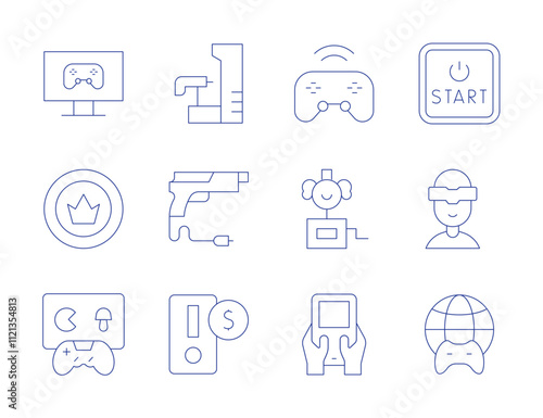 Gaming icons. Thin Line style, editable stroke. casino chip, coin, controller, game console, gun, start button, surprise box, video game, virtual reality, worldwide