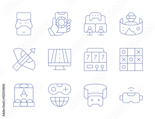 Gaming icons. Thin Line style, editable stroke. claw machine, crossbow, game, game controller, gaming, online gambling, racing game, slot machine
