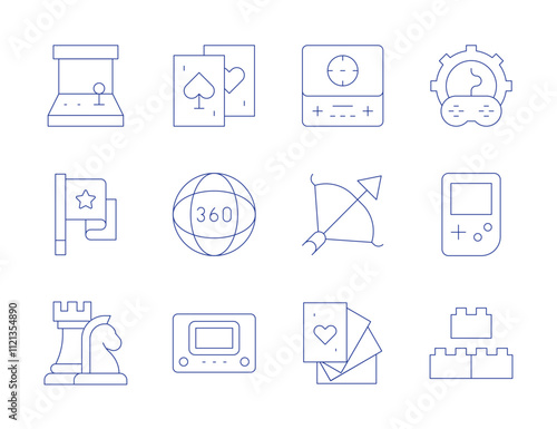 Gaming icons. Thin Line style, editable stroke. degrees, arcade machine, block, bow and arrow, card game, chess, console, custom, flag, game console, playing cards, game boy