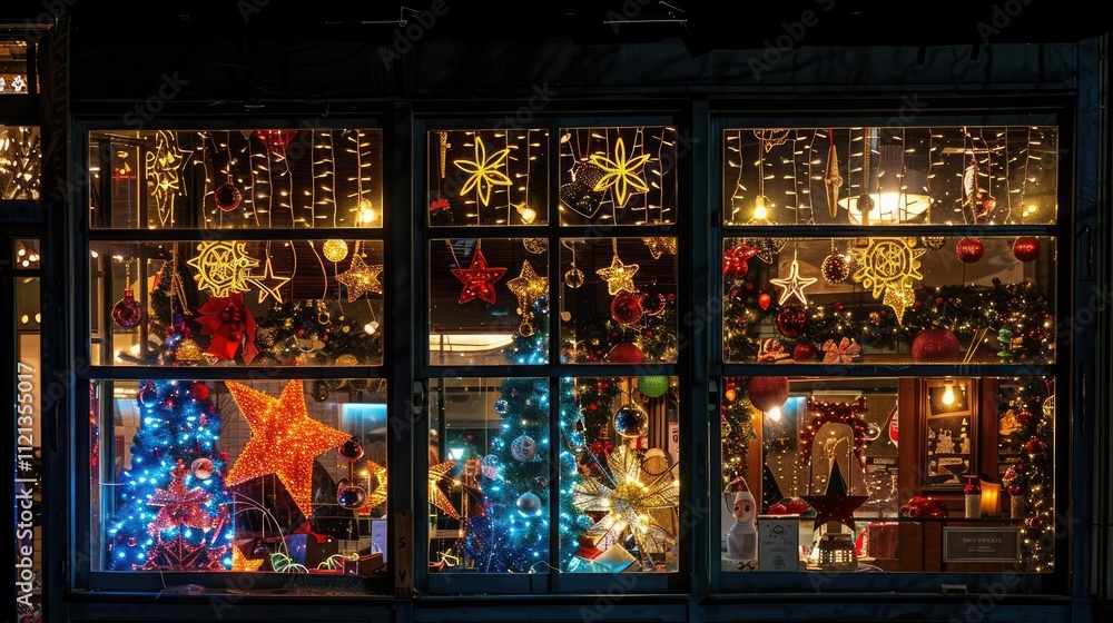 Obraz premium Christmas lights reflected in a shop window, showcasing festive holiday displays