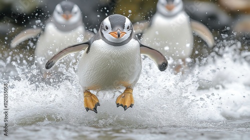 A playful penguin leaps through the air, landing gracefully on the ice with a joyful splash photo