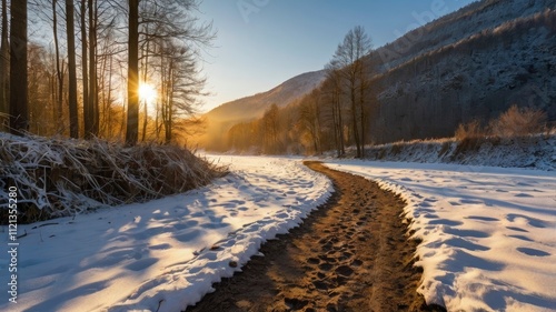  Forrest path with sun at the peaks of the tees in winter, Germany