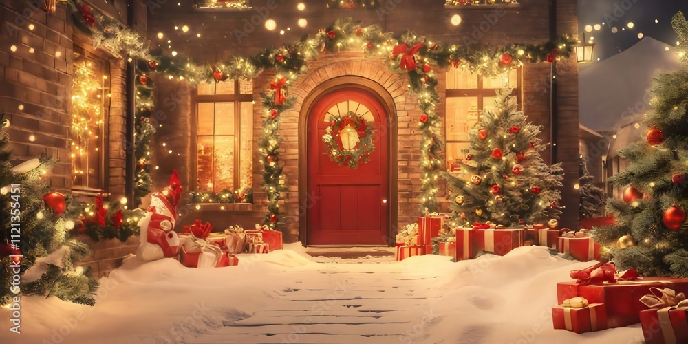Festive Christmas home exterior, adorned with lights, garlands, and presents in the snow. Festive Christmas home exterior, adorned with lights, garlands, and presents in the snow.