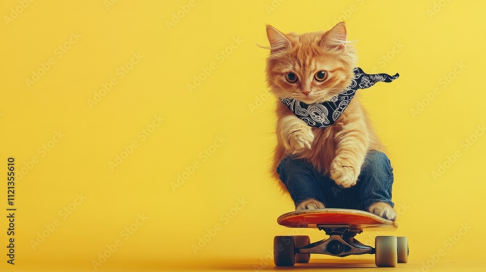 Adorable ginger kitten, dressed in denim and a bandana, confidently rides a skateboard against a vibrant yellow backdrop. Adorable ginger kitten, dressed in denim and a bandana, confidently rides a skateboard against a vibrant yellow backdrop.