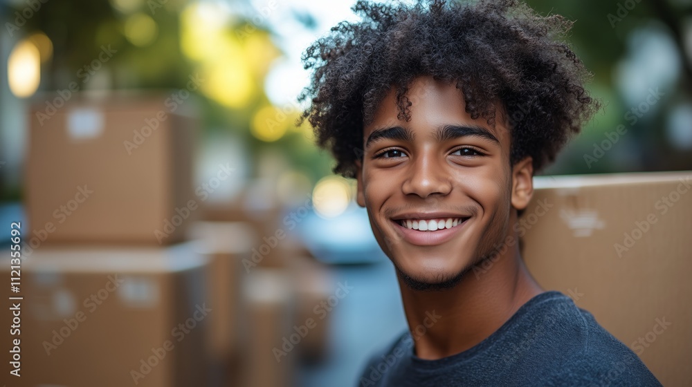 Fototapeta premium Smiling person with curly hair outdoors, surrounded by cardboard boxes on a sunny day.