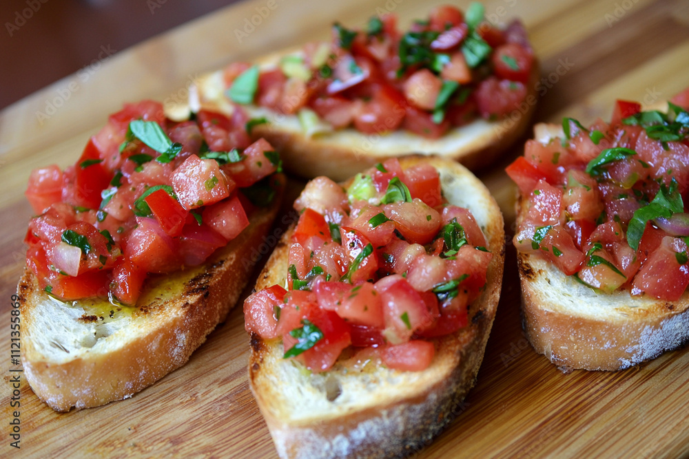 Fresh bruschetta with diced tomatoes and herbs on toasted bread Fresh bruschetta with diced tomatoes and herbs on toasted bread