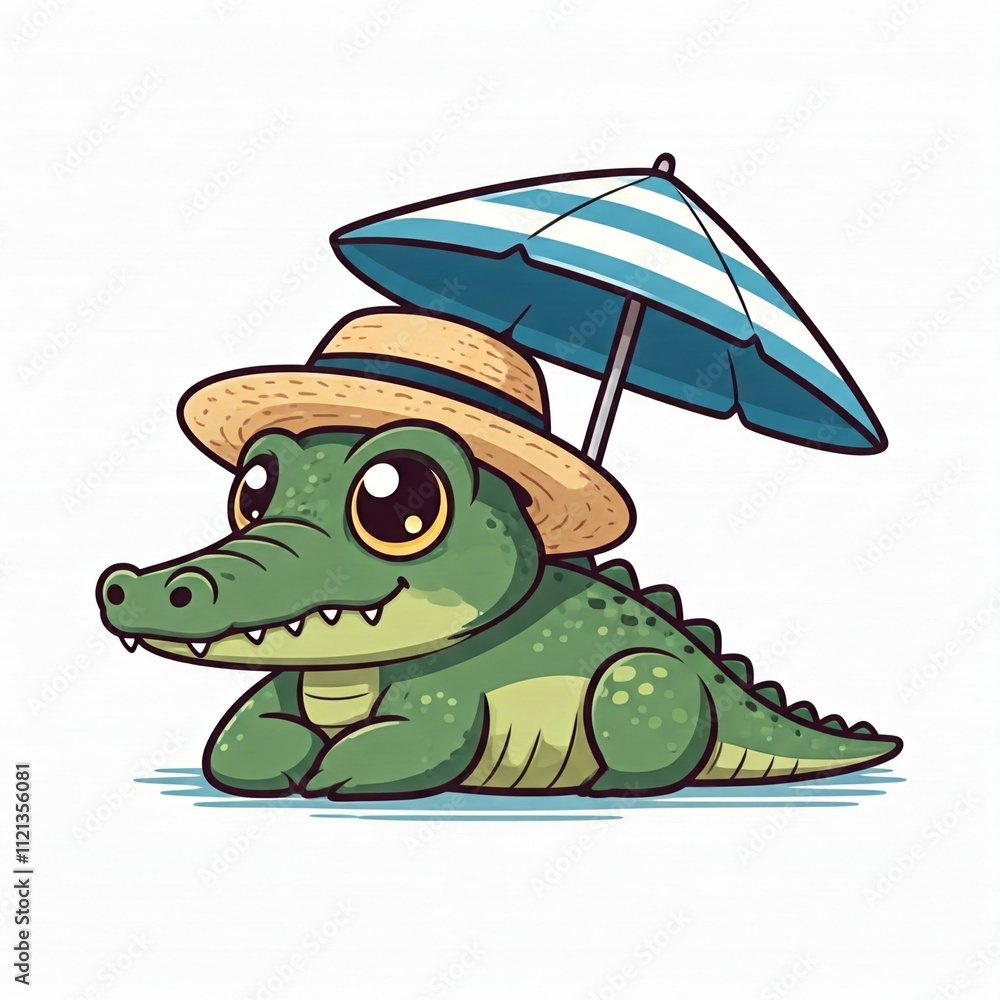 Obraz premium A chibi crocodile in a straw hat, lounging under a beach umbrella, with bold thick outlines and a white background.