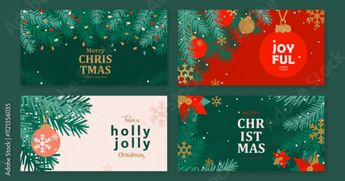 Christmas and New Year greeting banners set vector illustration. Modern xmas horizontal template with typography, christmas tree, ball, snow, light garland. Winter pattern design with textured effect.