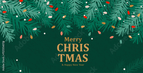Christmas and New Year greeting banners set vector illustration. Modern xmas horizontal template with typography, christmas tree, snow, light garland. Winter pattern design with textured effect