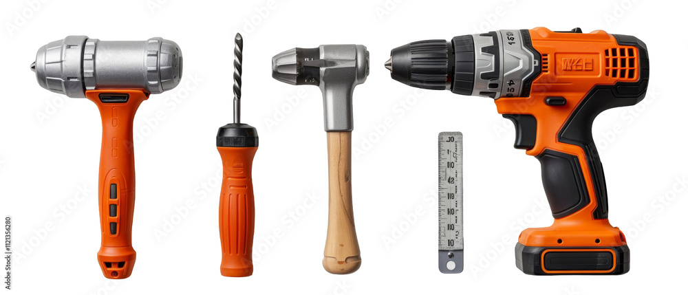 Close-up of cordless drill, hammer, and other hand tools. Close-up of cordless drill, hammer, and other hand tools.