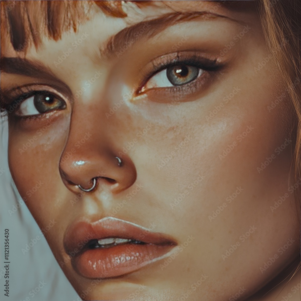 Fototapeta premium woman, beauty, piercing, ear, nose, jewelry, face, eyes, makeup, fashion, model, make-up, eye, close-up, skin, lips, closeup, cosmetics, eyelashes, glamour, people, sensuality, up, make, style, hair,