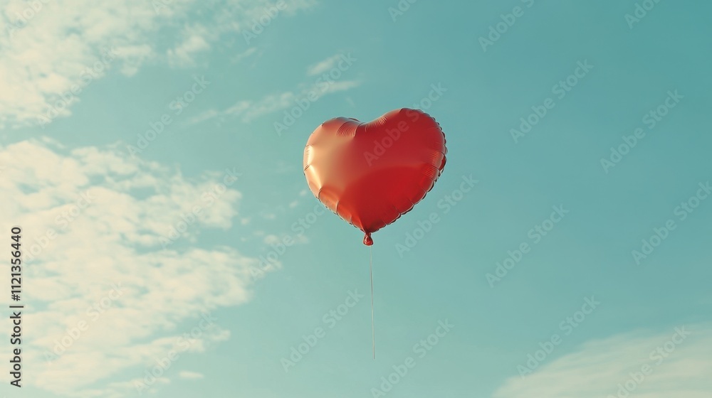 Fototapeta premium A striking red heart balloon drifting through a blue sky with light clouds, a simple and romantic symbol of love