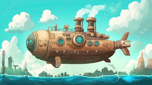 A whimsical steampunk submarine floats above the ocean,  its brassy body gleaming under a bright sky.  The scene is filled with a sense of adventure and wonder.