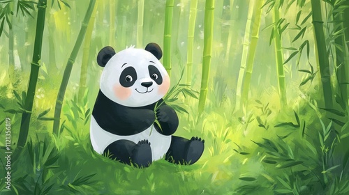 A Happy Panda Enjoys Bamboo In A Lush Forest photo