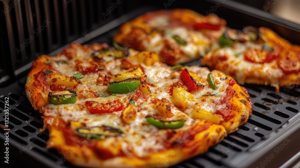 Interior of a digital air fryer basket showing a freshly cooked pizza with melted cheese and vibrant toppings Interior of a digital air fryer basket showing a freshly cooked pizza with melted cheese and vibrant toppings