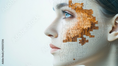 A human face wooden puzzle piece with intricate details including eyes, nose, lips, and facial contours, designed for educational and therapeutic purposes.