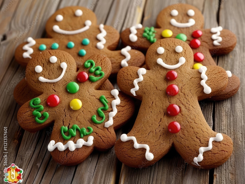 Gingerbread men cookies, intricately decorated with icing and candy, arranged on a wooden table Gingerbread men cookies, intricately decorated with icing and candy, arranged on a wooden table