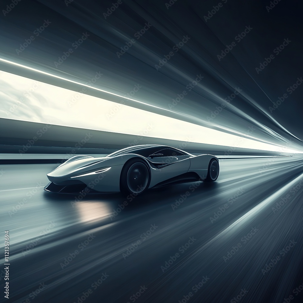 Futuristic sports car speeding through a tunnel. Futuristic sports car speeding through a tunnel.